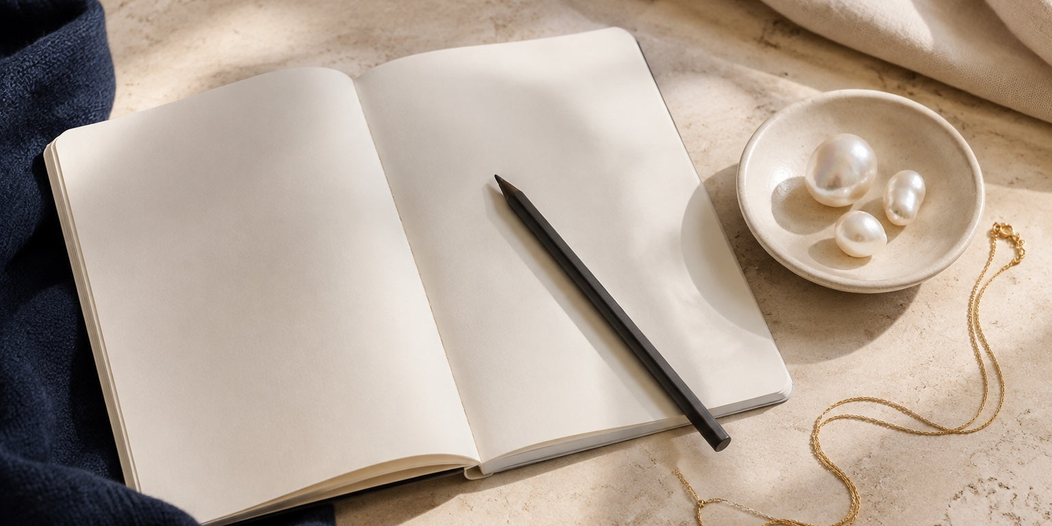 Blank notebook beside three irregular pearls and a fine chain on a warm stone desk.