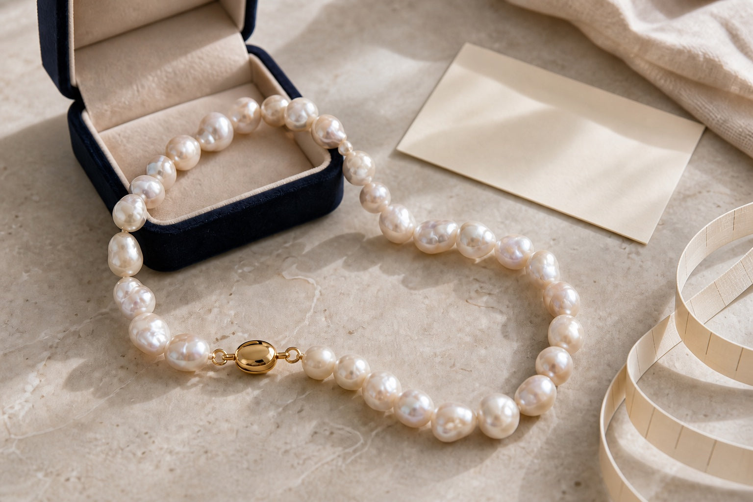 Cultured baroque pearl necklace with a gold-tone clasp, jewellery box and measuring tape