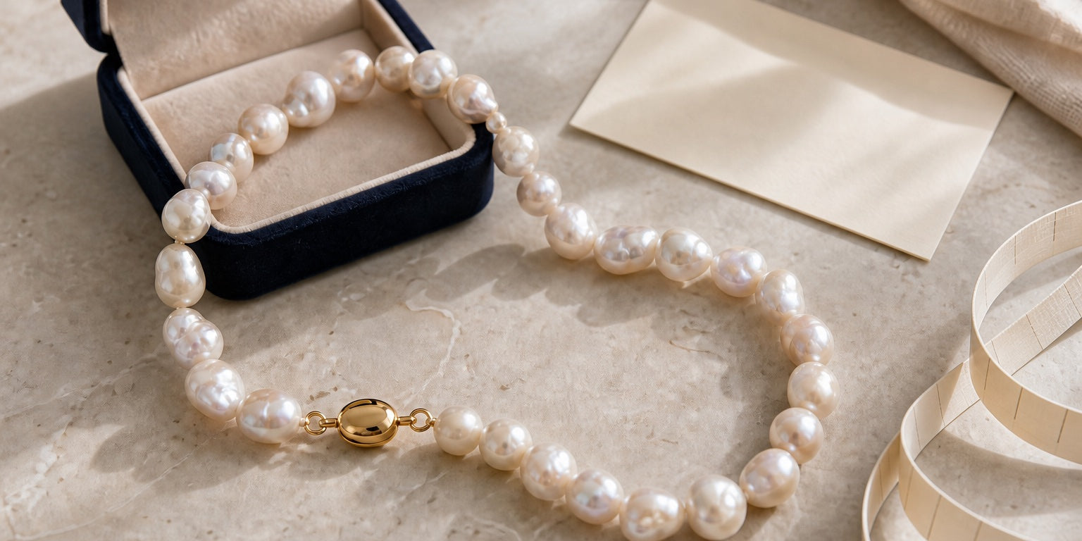Cultured baroque pearl necklace with a gold-tone clasp, jewellery box and measuring tape