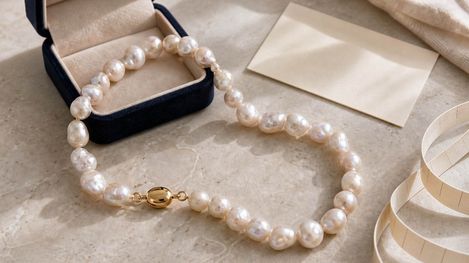 Cultured baroque pearl necklace with a gold-tone clasp, jewellery box and measuring tape