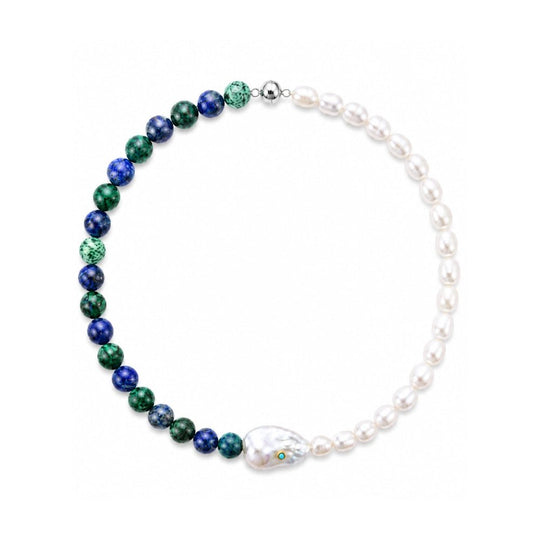 Flat overhead white studio shot of full mixed bead single strand necklace, large white baroque pearl focal, small oval pearls, textured turquoise & dark blue mineral beads with polished silver lobster clasp