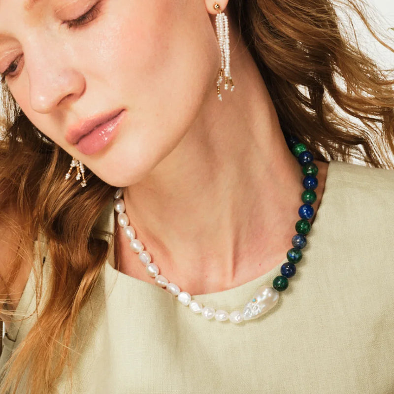 Mossveil｜White Baroque Pearl Turquoise Silver Necklace image 2