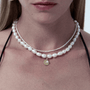 18k gold-plated baroque pearl choker with coin pendant