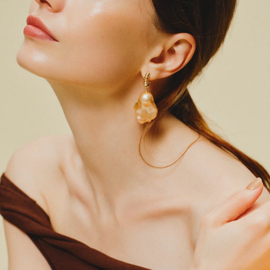 18K Gold  statement Pink Baroque Pearl Earrings on model