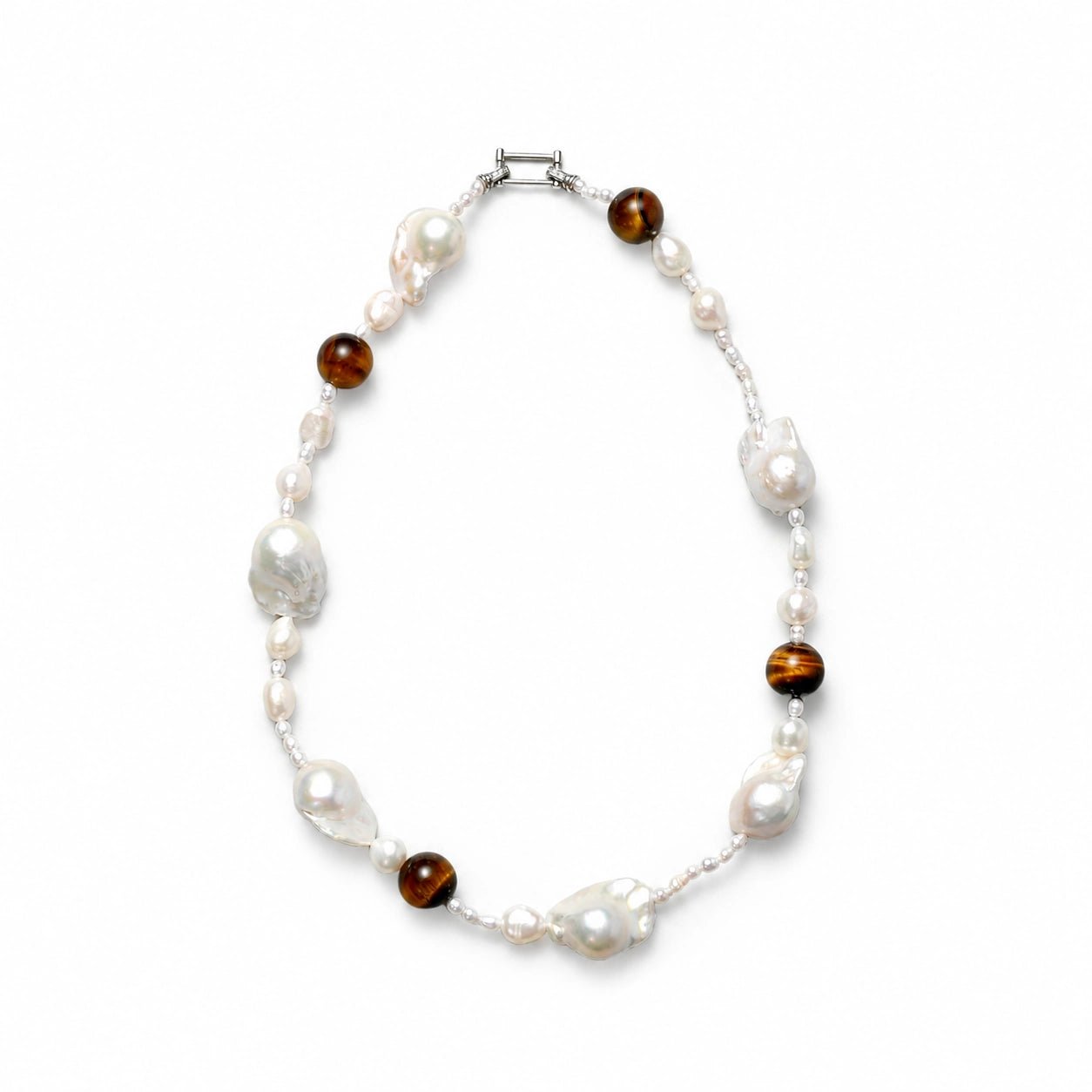 Teyes | White Keshi Baroque Pearl Silver Tiger Eye Necklace