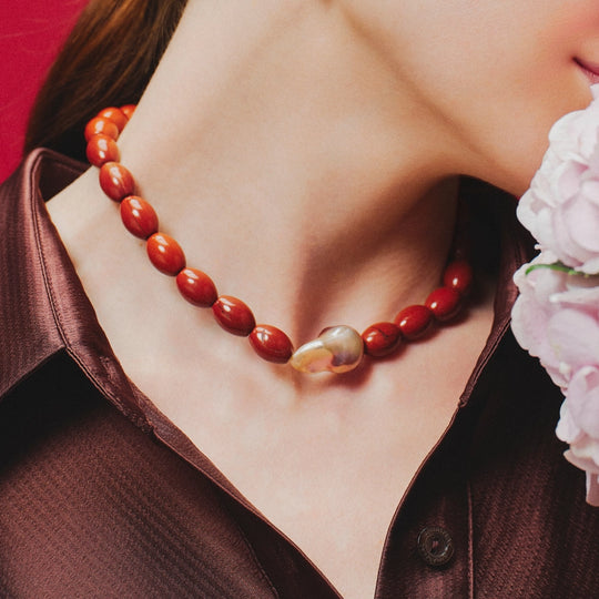 Bryony | Red Agate & Pink Baroque Pearl Gold Necklace - image 2