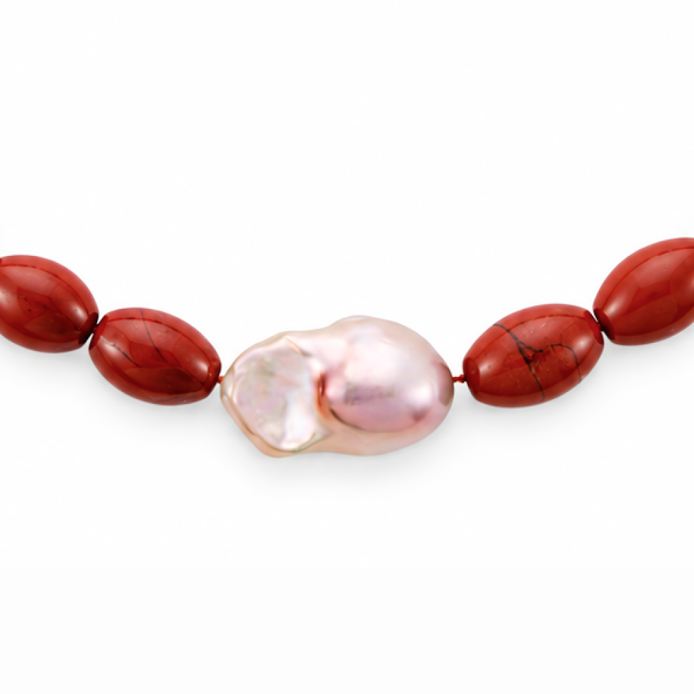 Bryony | Red Agate & Pink Baroque Pearl Gold Necklace - image 3