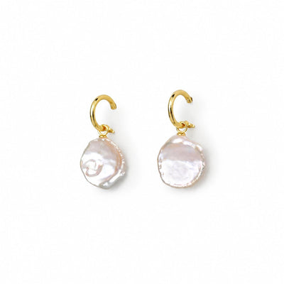 Gigi | White Petal Baroque Pearl 18k Gold Coin Earrings