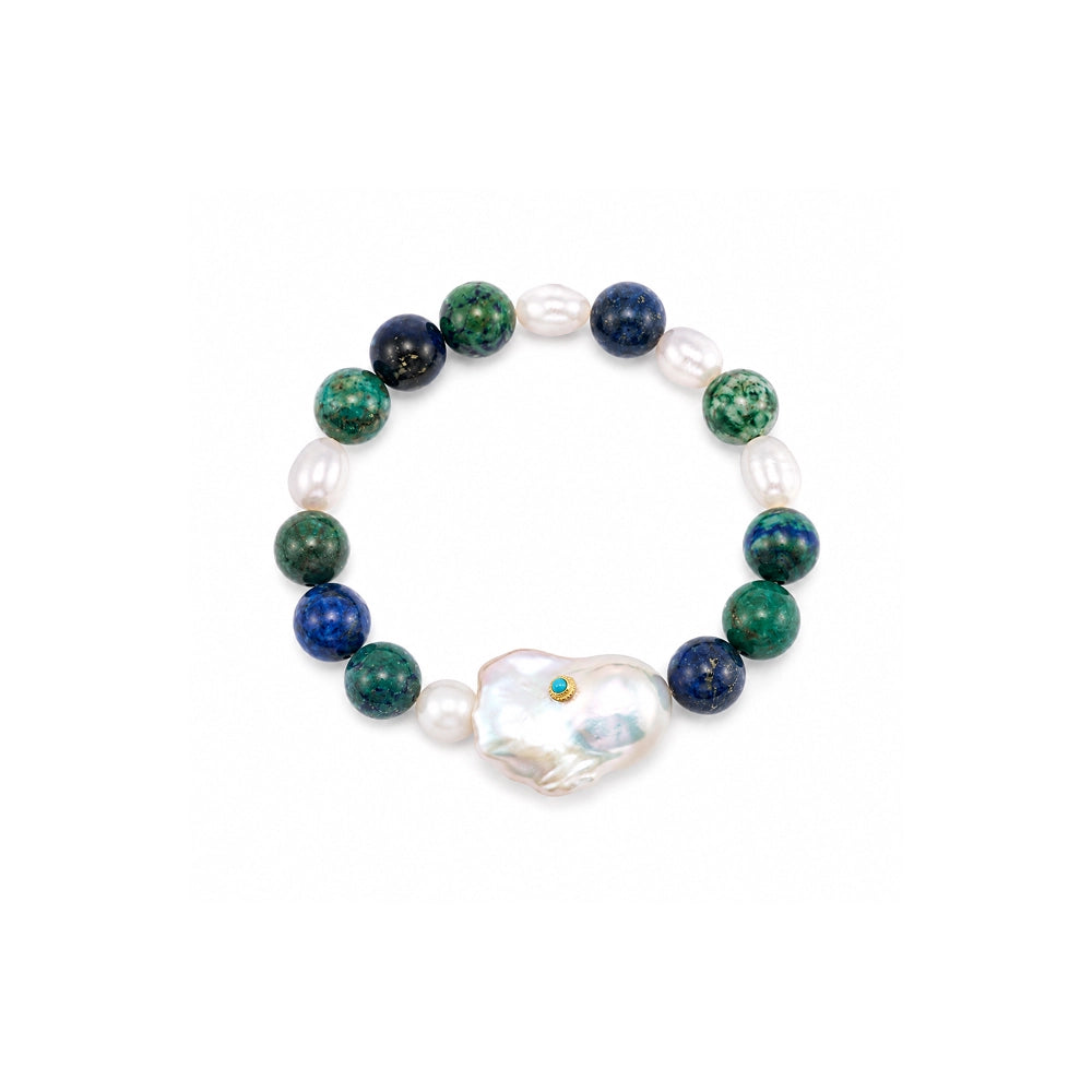 Mossveil｜White Baroque Pearl Turquoise Elastic String Bracelet