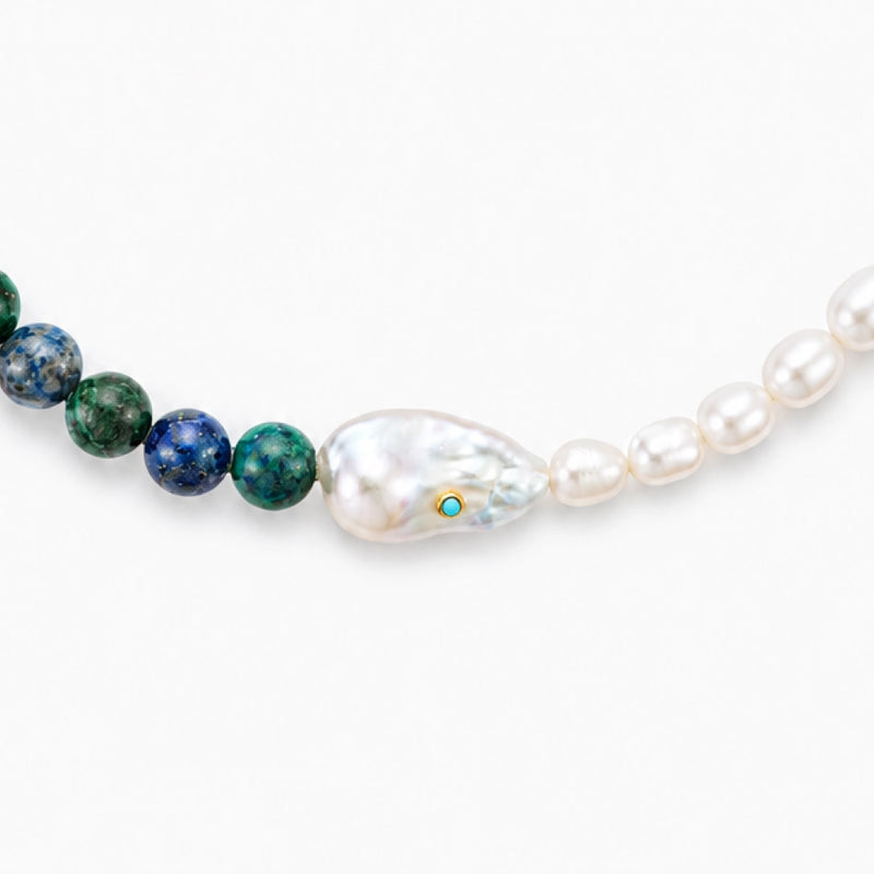 Mossveil｜White Baroque Pearl Turquoise Silver Necklace image 3