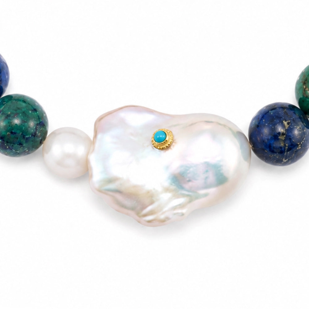 Mossveil｜White Baroque Pearl Turquoise Elastic String Bracelet