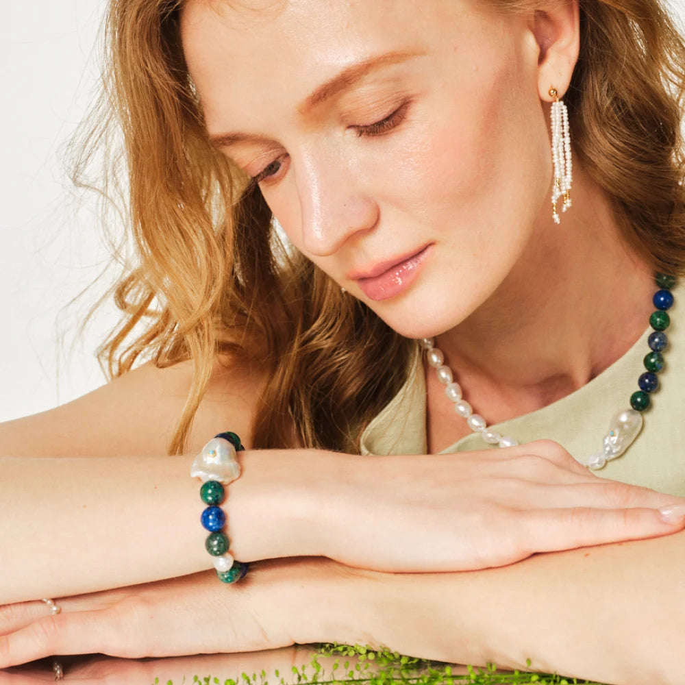 Mossveil｜White Baroque Pearl Turquoise Elastic String Bracelet