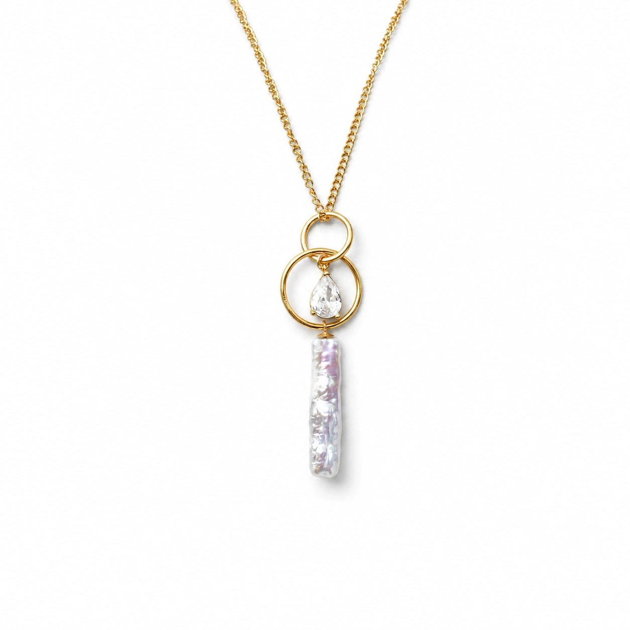 Orbit stick baroque pearl gold pendant necklace official studio product shot