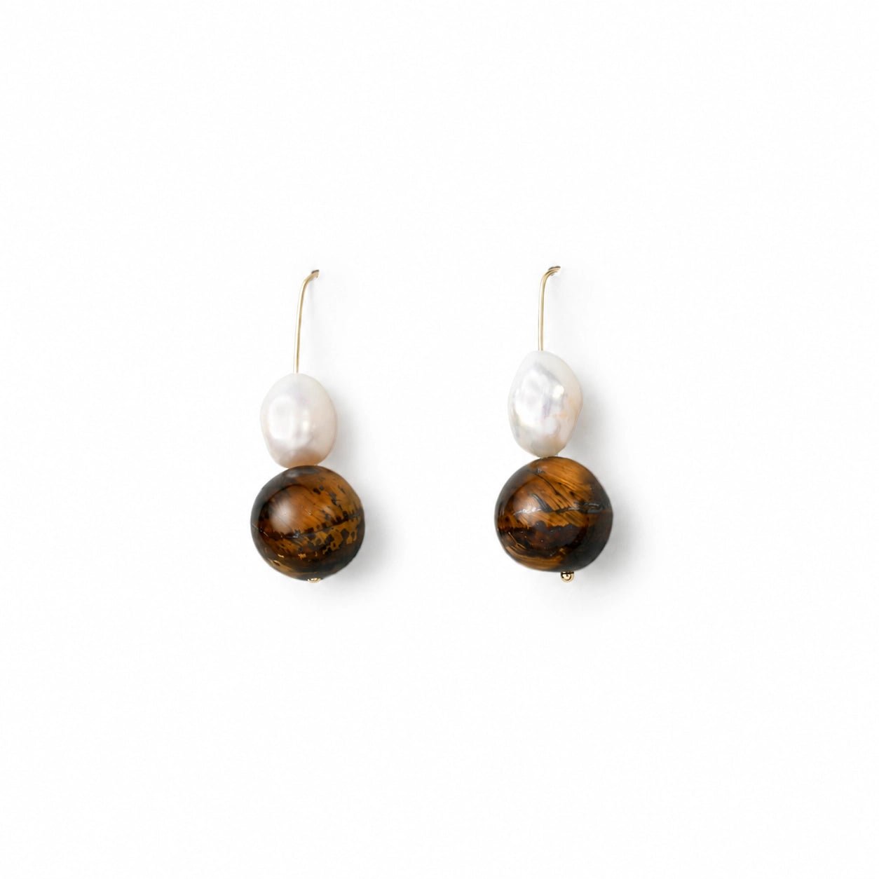 Tigo | White Oval Baroque Pearl 18k Gold Tiger Eye Earrings