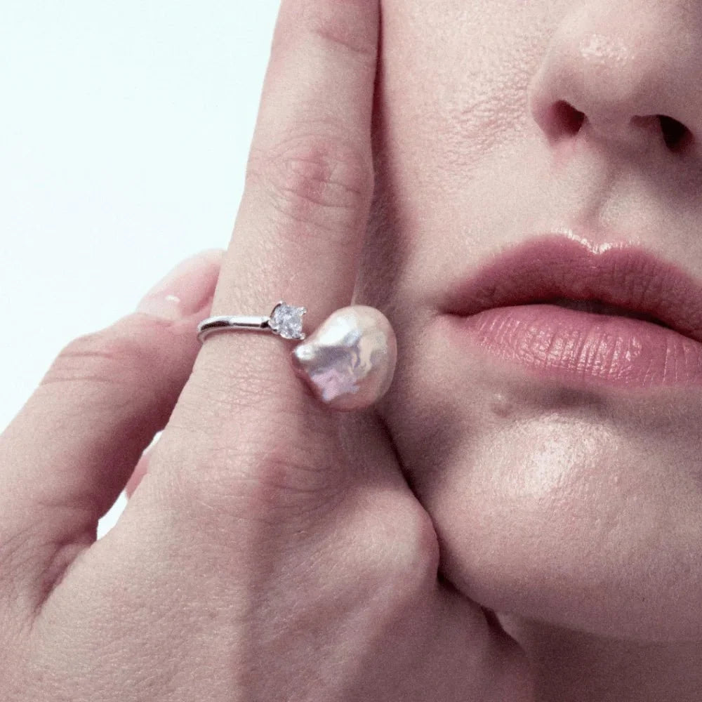 Aurora | Golden Baroque Pearl Silver Zircon Open Ring model view