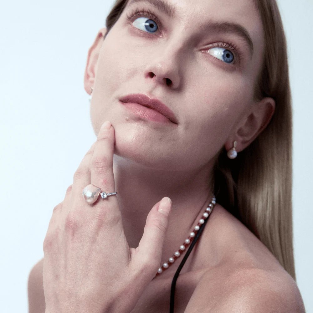 Aurora | Golden Baroque Pearl Silver Zircon Open Ring