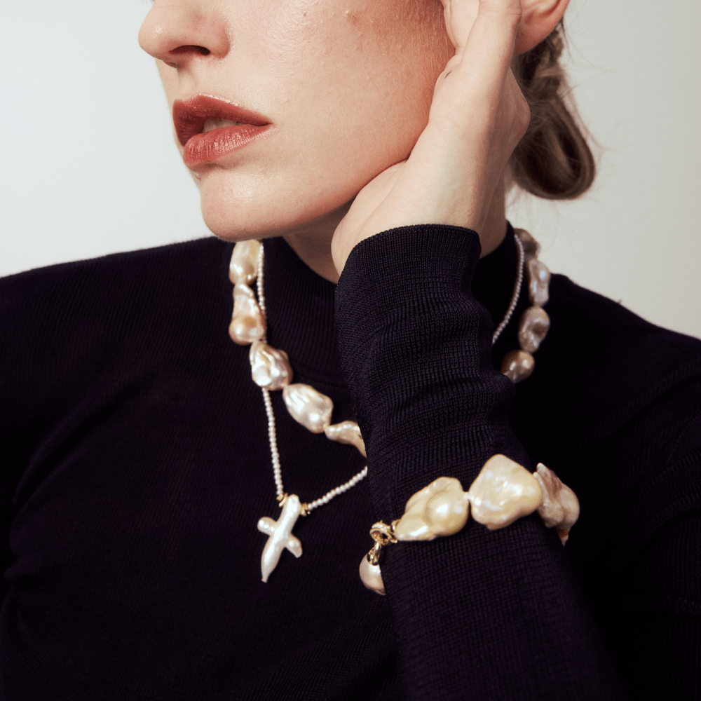 White Cross Baroque Pearl 18k Gold Pendant stacking on Model