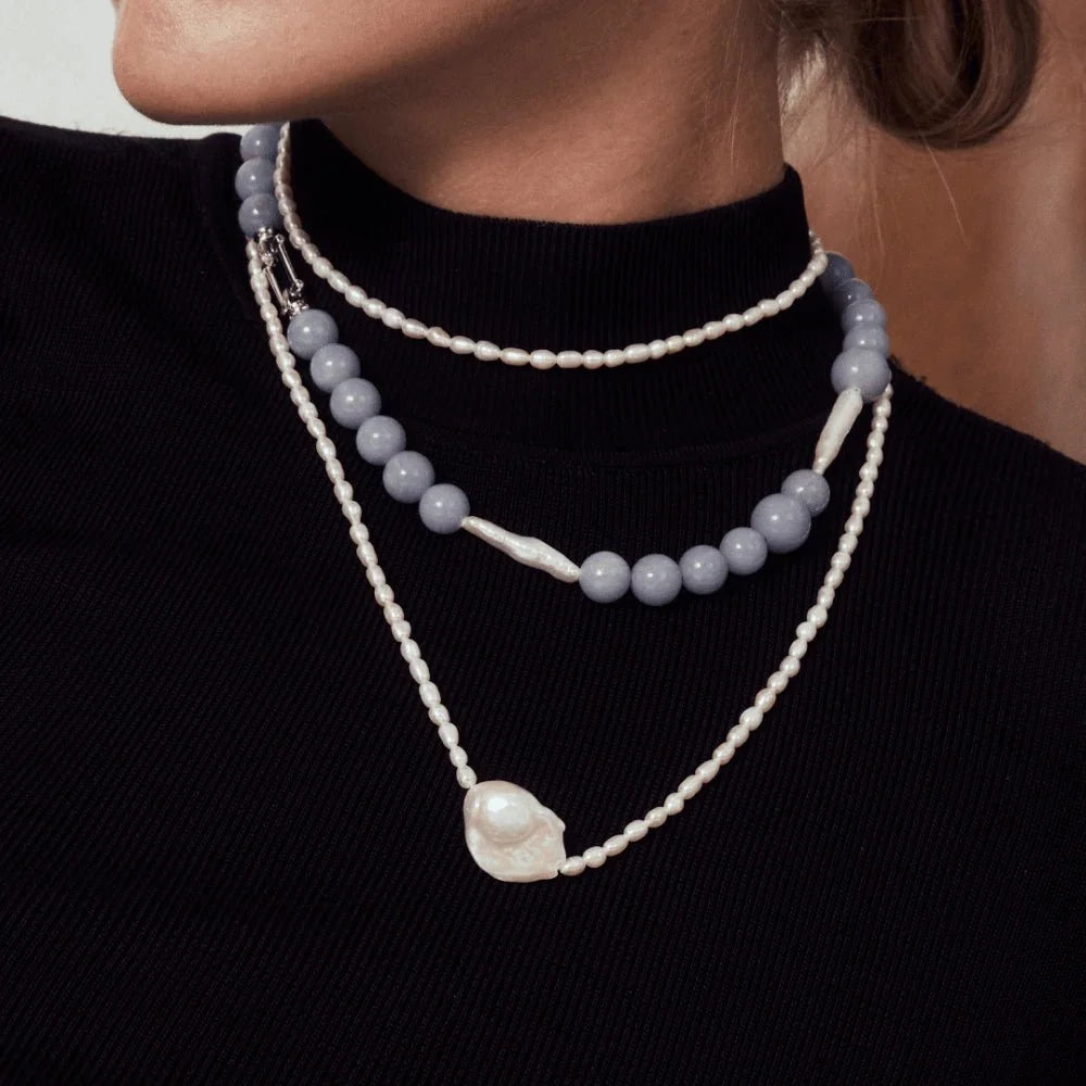 Midnight White Oval Baroque Pearl Silver Necklace model view 1