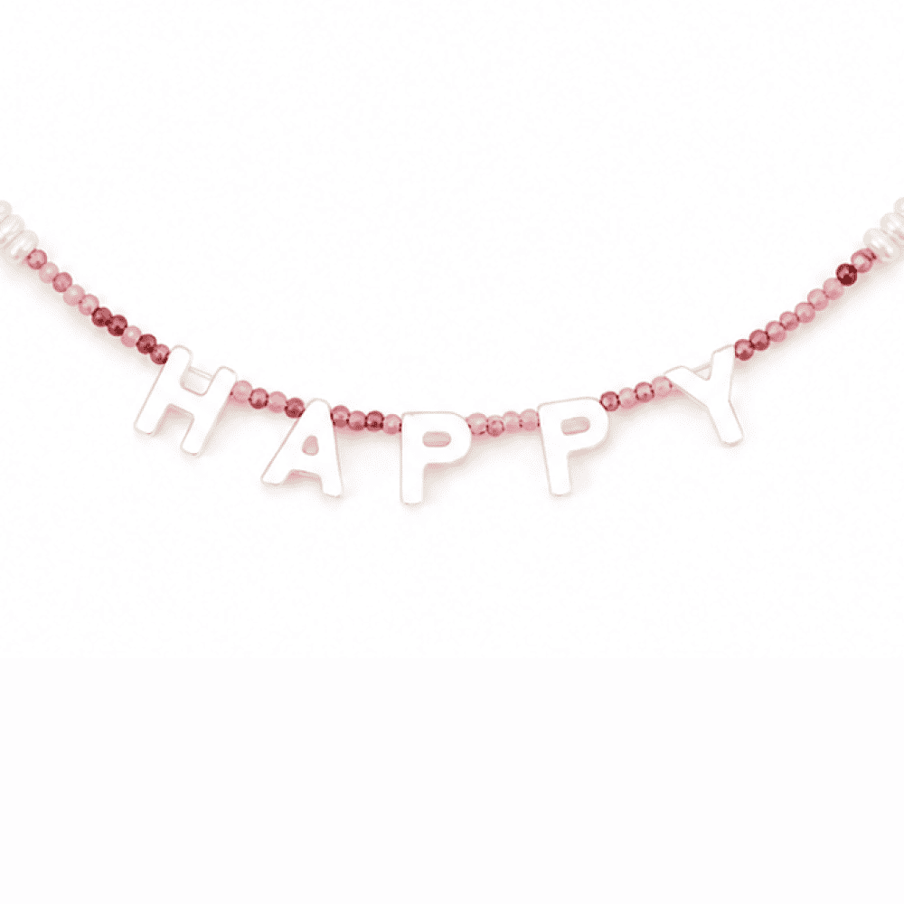 Baroque Hour HAPPY letter tourmaline & pearl beaded silver necklace studio shot