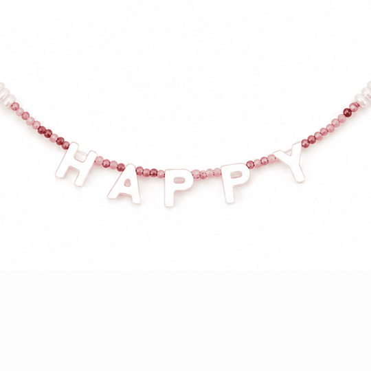 Baroque Hour HAPPY letter tourmaline & pearl beaded silver necklace studio shot