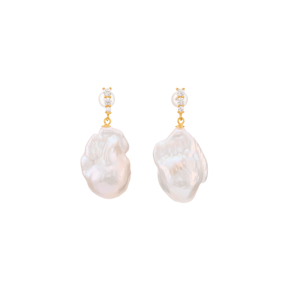 Baroque Hour pink baroque pearl & zircon 14k gold-plated drop earrings studio shot