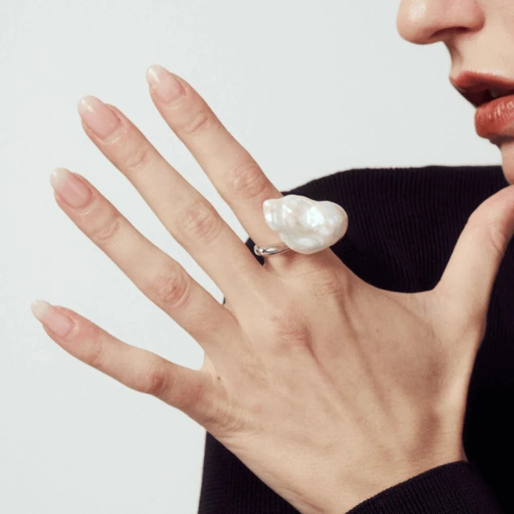 Lori White Baroque Pearl Silver Open Ring model hand view
