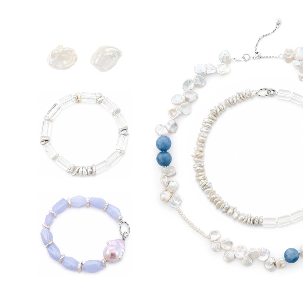 Celeste Mixed Gemstone & Keshi Pearl Silver Jewelry Set Necklace Bracelets Earrings