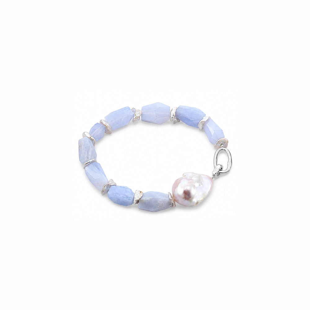 Celeste Pink Baroque Pearl Blue Chalcedony Silver Box Clasp Bracelet