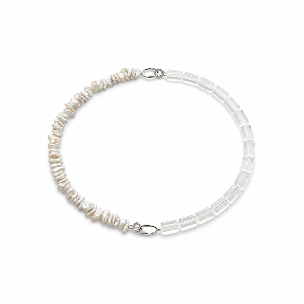 Celeste White Keshi Baroque Pearl Rock Crystal Silver Box Clasp Necklace
