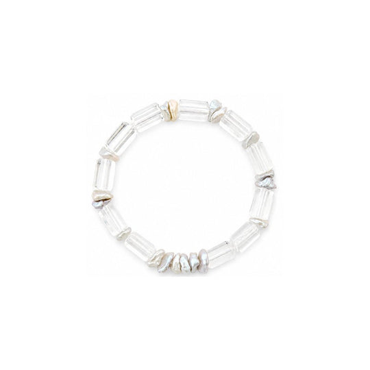 Celeste White Keshi Baroque Pearl Rock Crystal Silver Stretch Bracelet