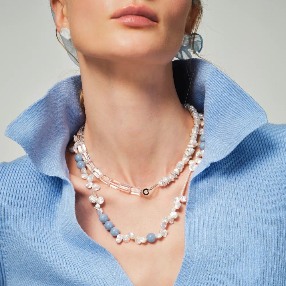 Celeste crystal pearl necklace styled with blue casual outfit