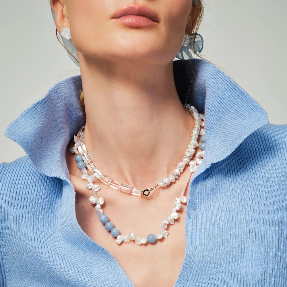 Celeste crystal pearl necklace styled with blue casual outfit