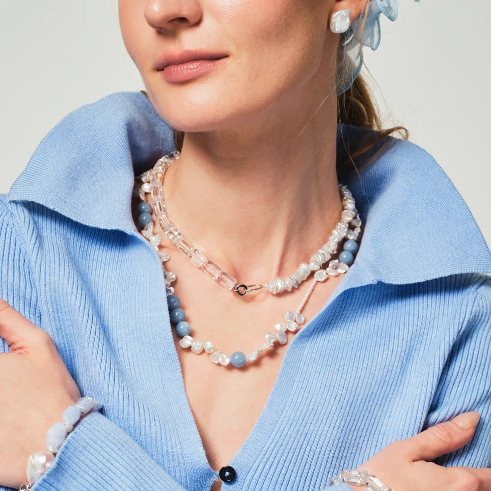 Celeste pearl apatite necklace styled with blue casual outfit