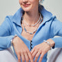 Celeste pearl chalcedony bracelet styled with blue casual outfit