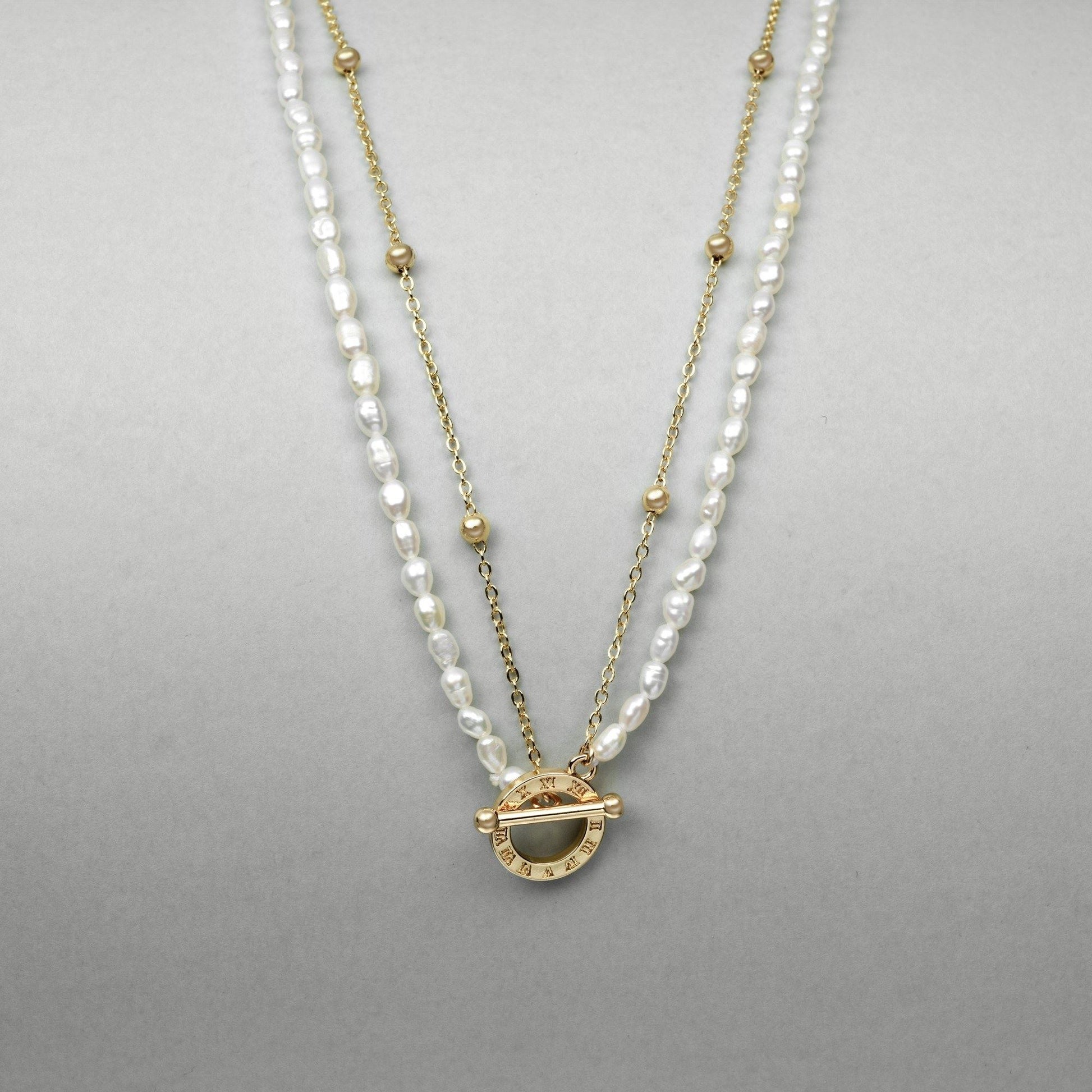 Celestial Hour dual-layer pearl necklace with white freshwater pearls & gold toggle 