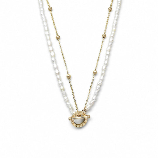 Celia | White Oval Baroque Pearl 18k Gold Layered Necklace