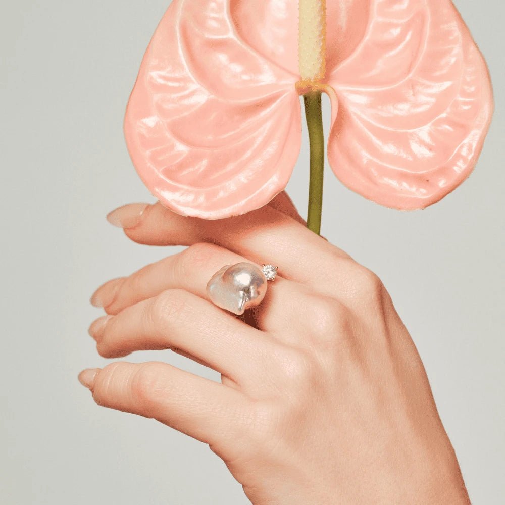 Nectar | Pink Baroque Pearl 18k Gold Zircon Open Ring
