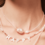 Close-up of two-tone baroque pearls on pink beaded necklace