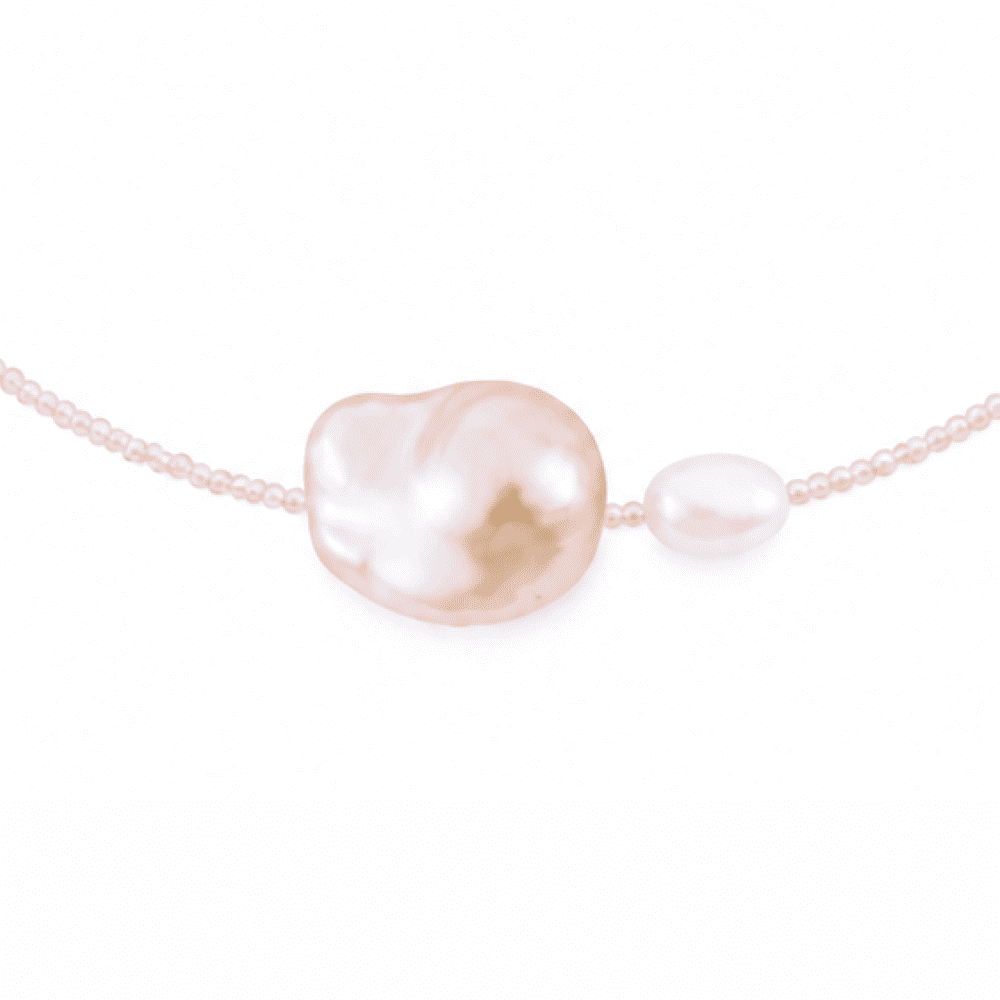 Close-up of two-tone baroque pearls on pink beaded necklace2