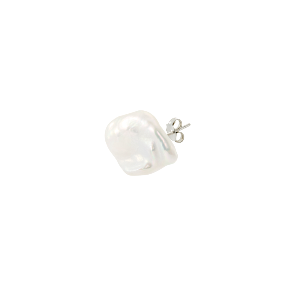 Close up of White Keshi Baroque Pearl texture on sterling silver post