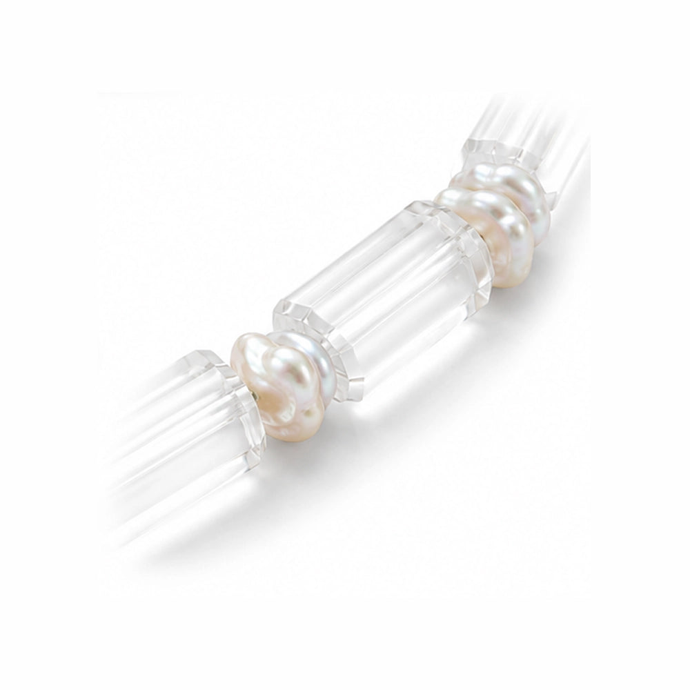 Close up of channeling rock crystal quartz and white keshi pearl beads