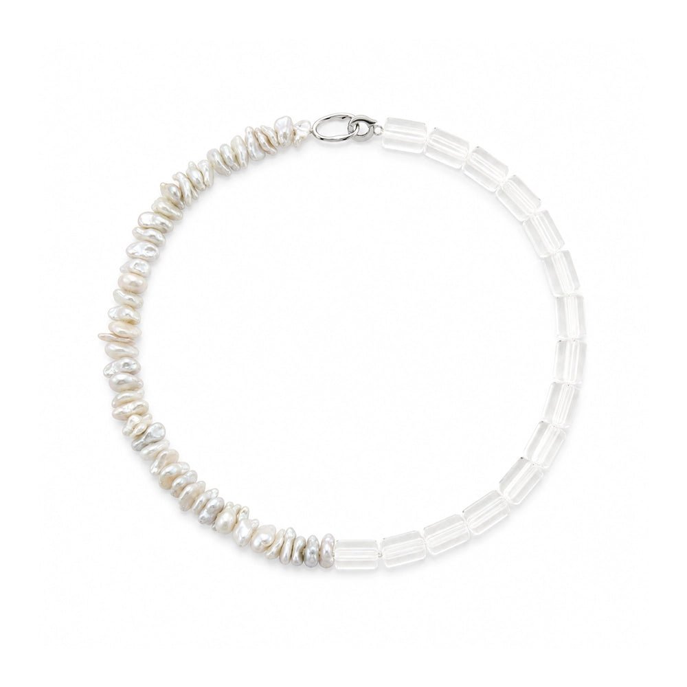 Close up of channeling rock crystal quartz and white keshi pearl beads necklace