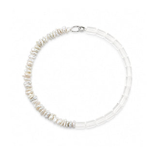Close up of channeling rock crystal quartz and white keshi pearl beads necklace