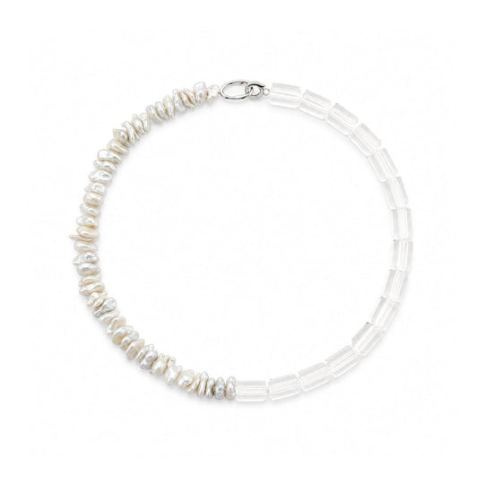 Close up of channeling rock crystal quartz and white keshi pearl beads necklace