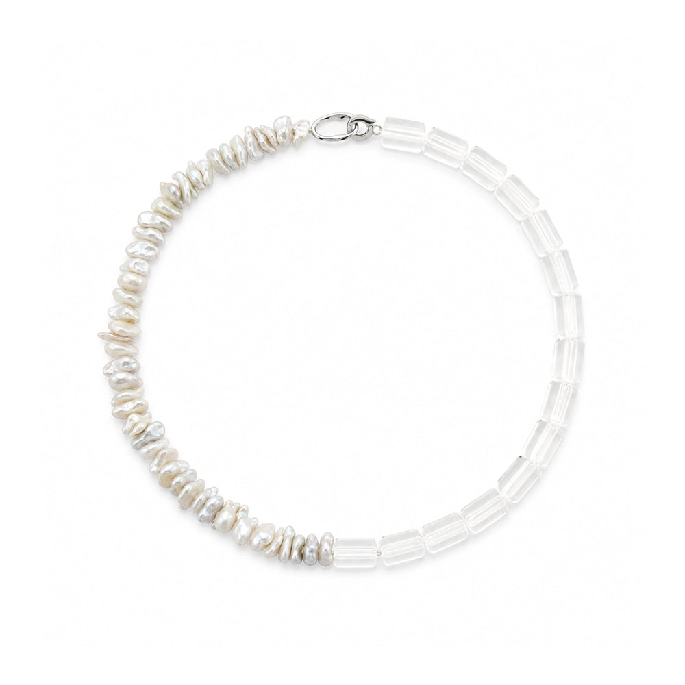 Close up of channeling rock crystal quartz and white keshi pearl beads necklace