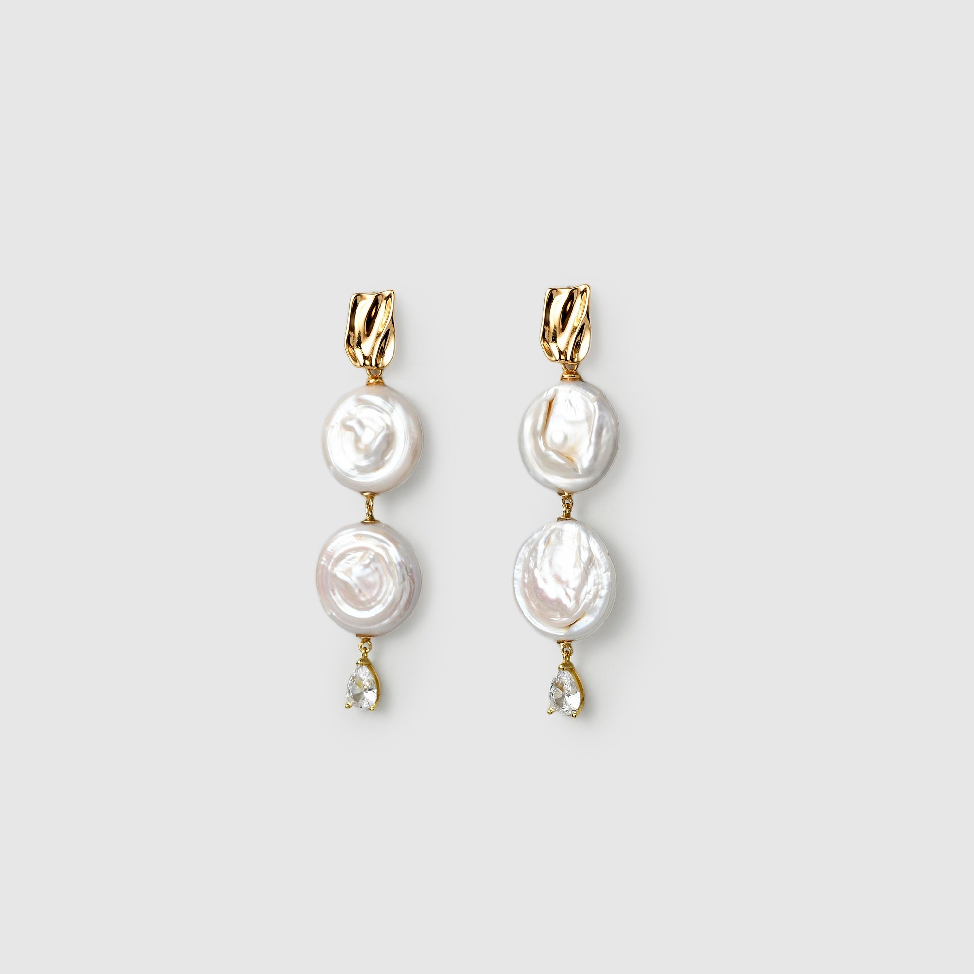 Coin-shaped baroque pearl drop earrings with crystal detail