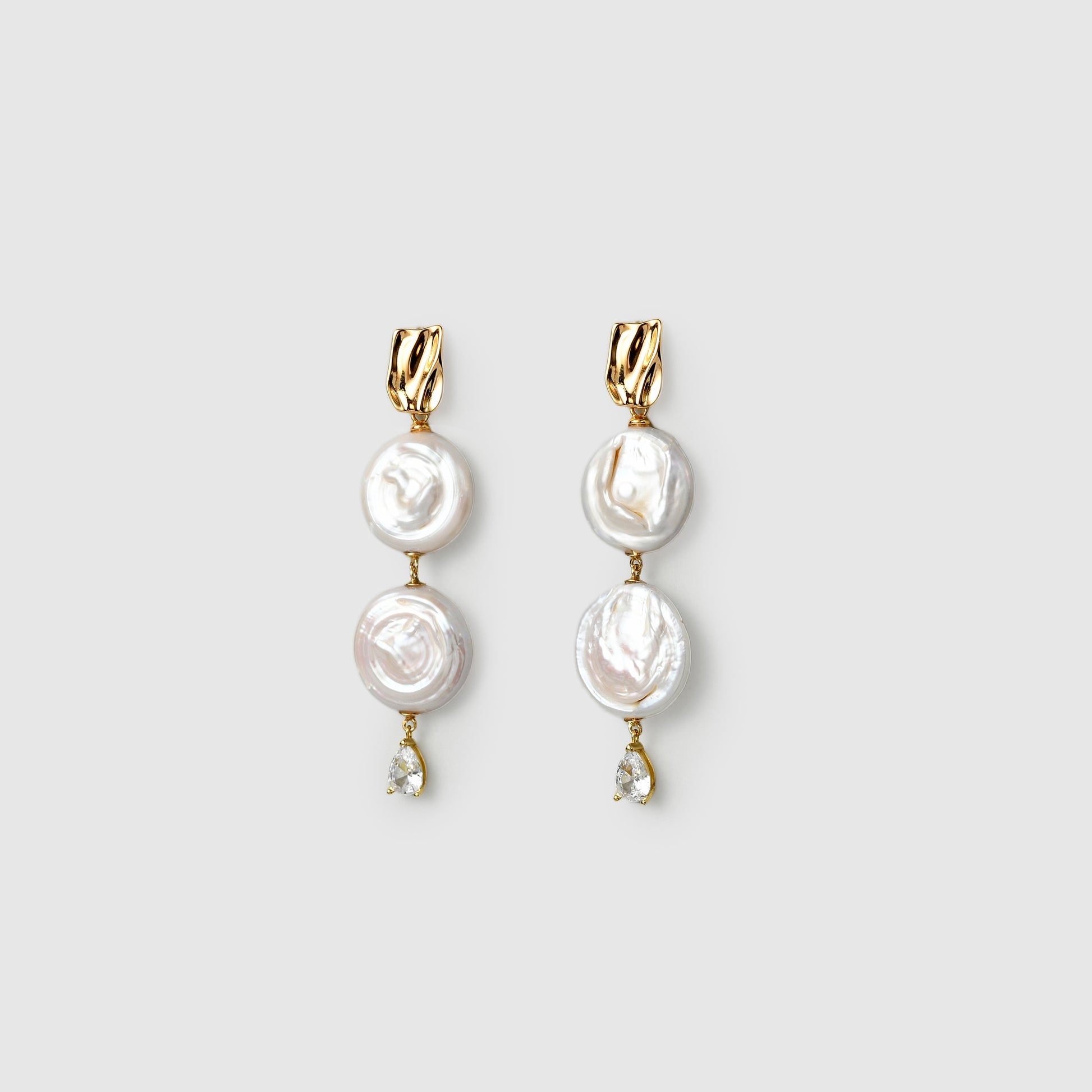 Coin-shaped baroque pearl drop earrings with crystal detail