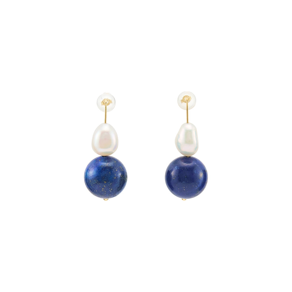Coral White Oval Baroque Pearl Lapis Lazuli 18K Gold Drop Earrings