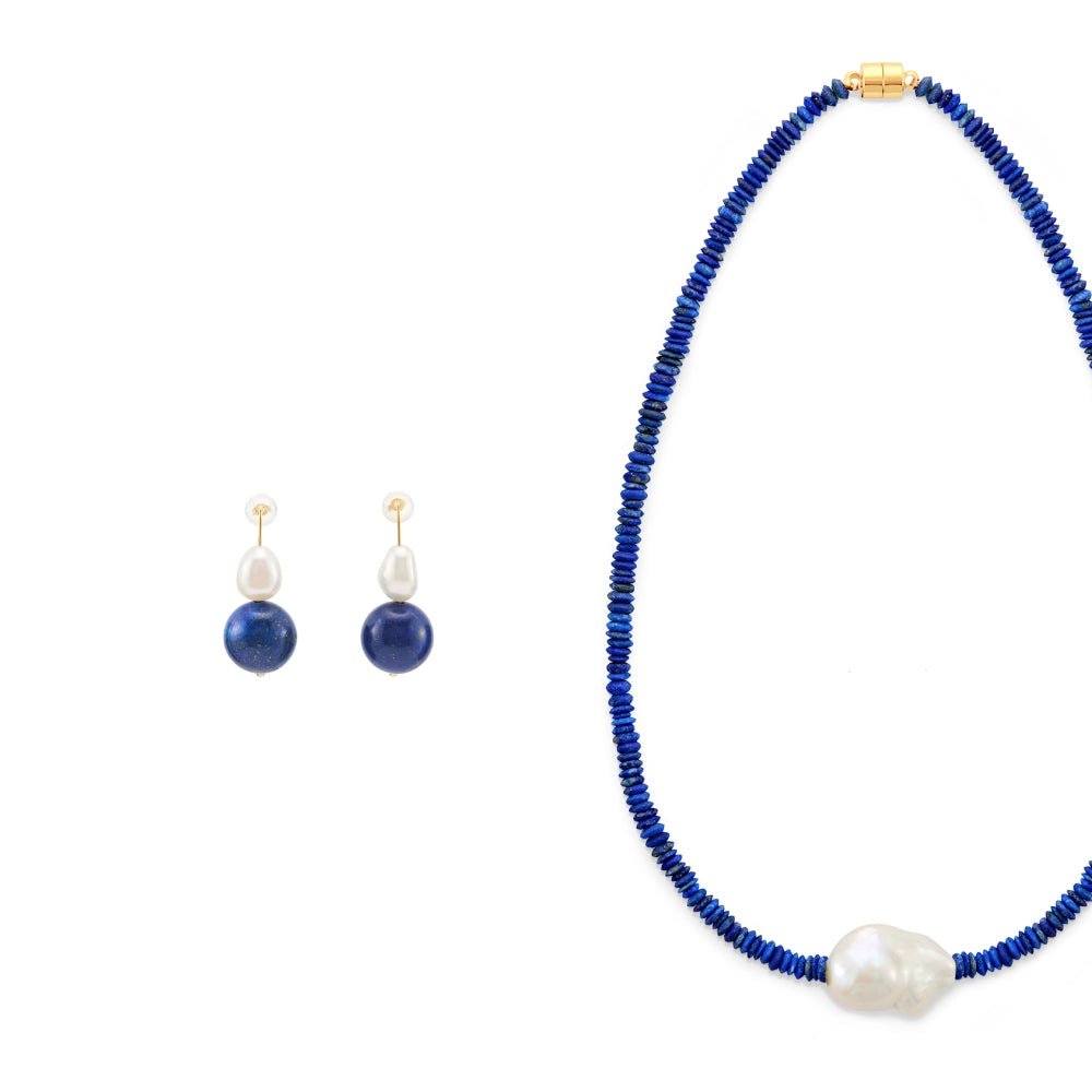 Coral White Oval Baroque Pearl Lapis Lazuli 18K Gold Jewelry Set Necklace and Earrings