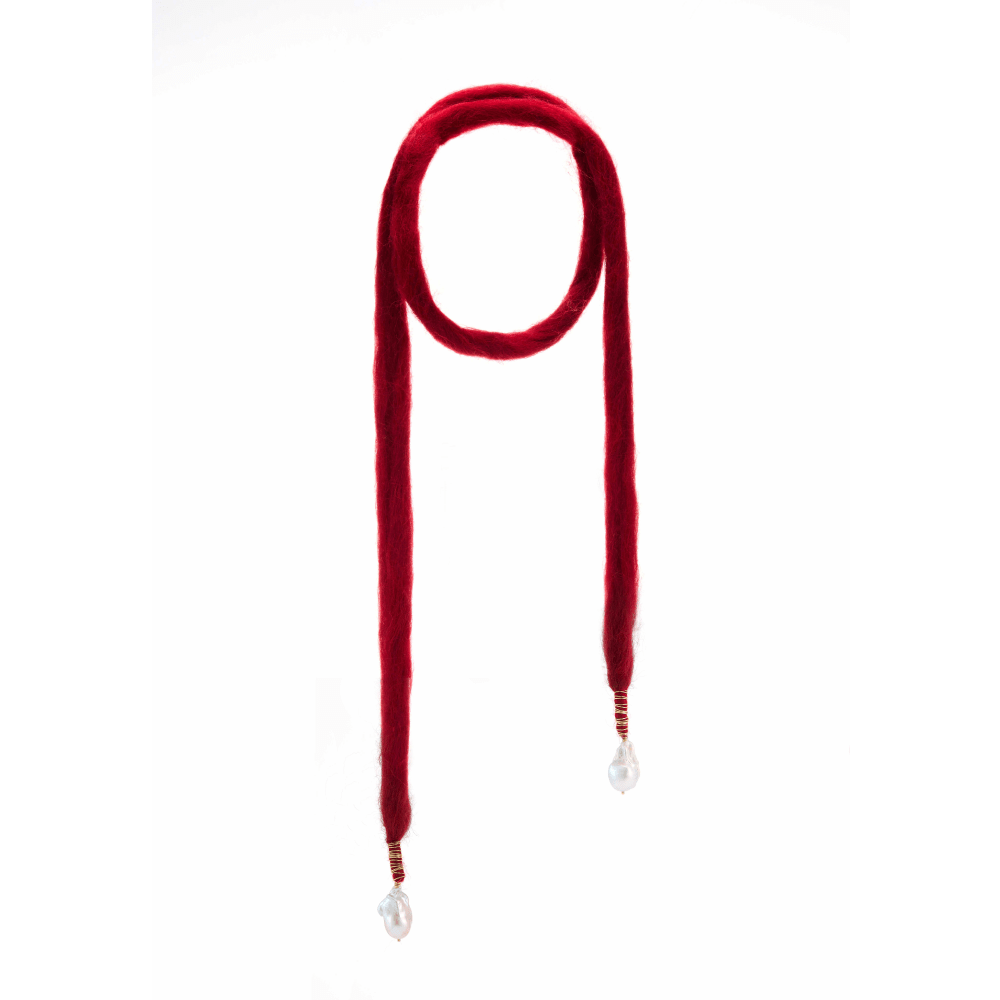 Crimson | White Baroque Pearl Brass Coils Wool Necklace